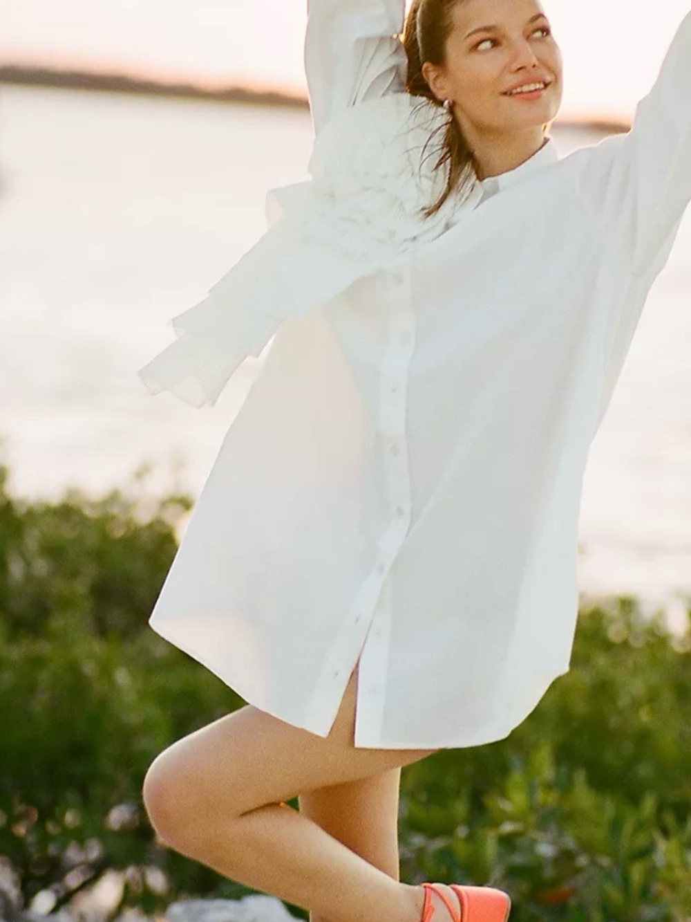 Forever That Girl Anthropologie Elegant White Long-Sleeve Statement Shirt Dress